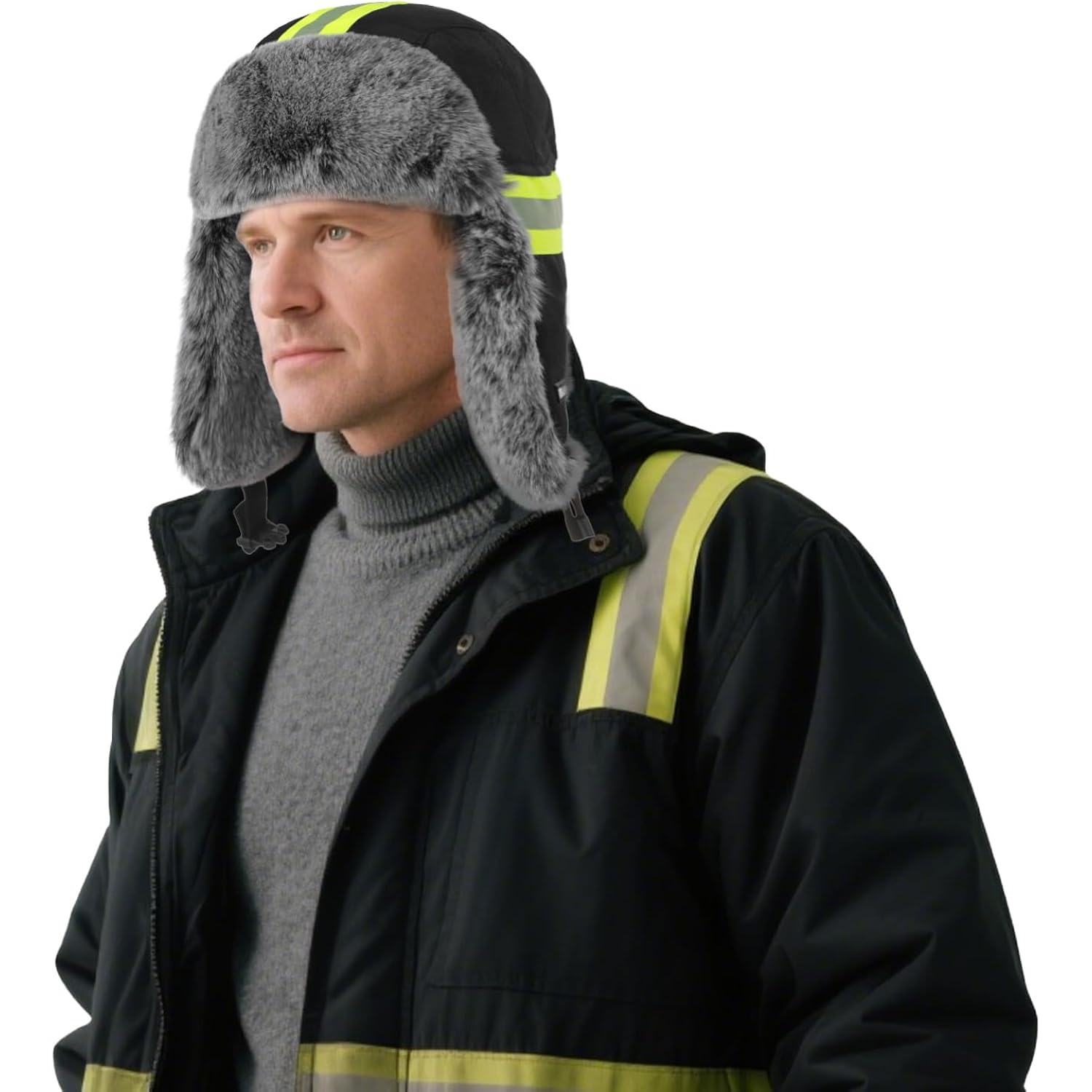 Hi Vis Trapper Hat with Ears Flaps Reflective Strip Trapper Hat Faux Fur Thickened Winter Cold Weather Windproof Skiing Cap