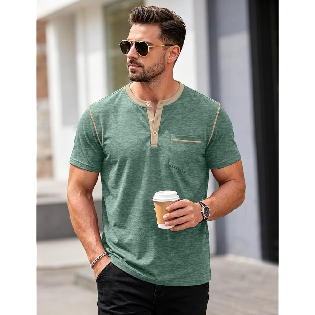Men'S Henley Shirt Casual Button Short Sleeve T-Shirt Summer Patchwork Color Block Tee Shirts