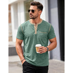 Men'S Henley Shirt Casual Button Short Sleeve T-Shirt Summer Patchwork Color Block Tee Shirts