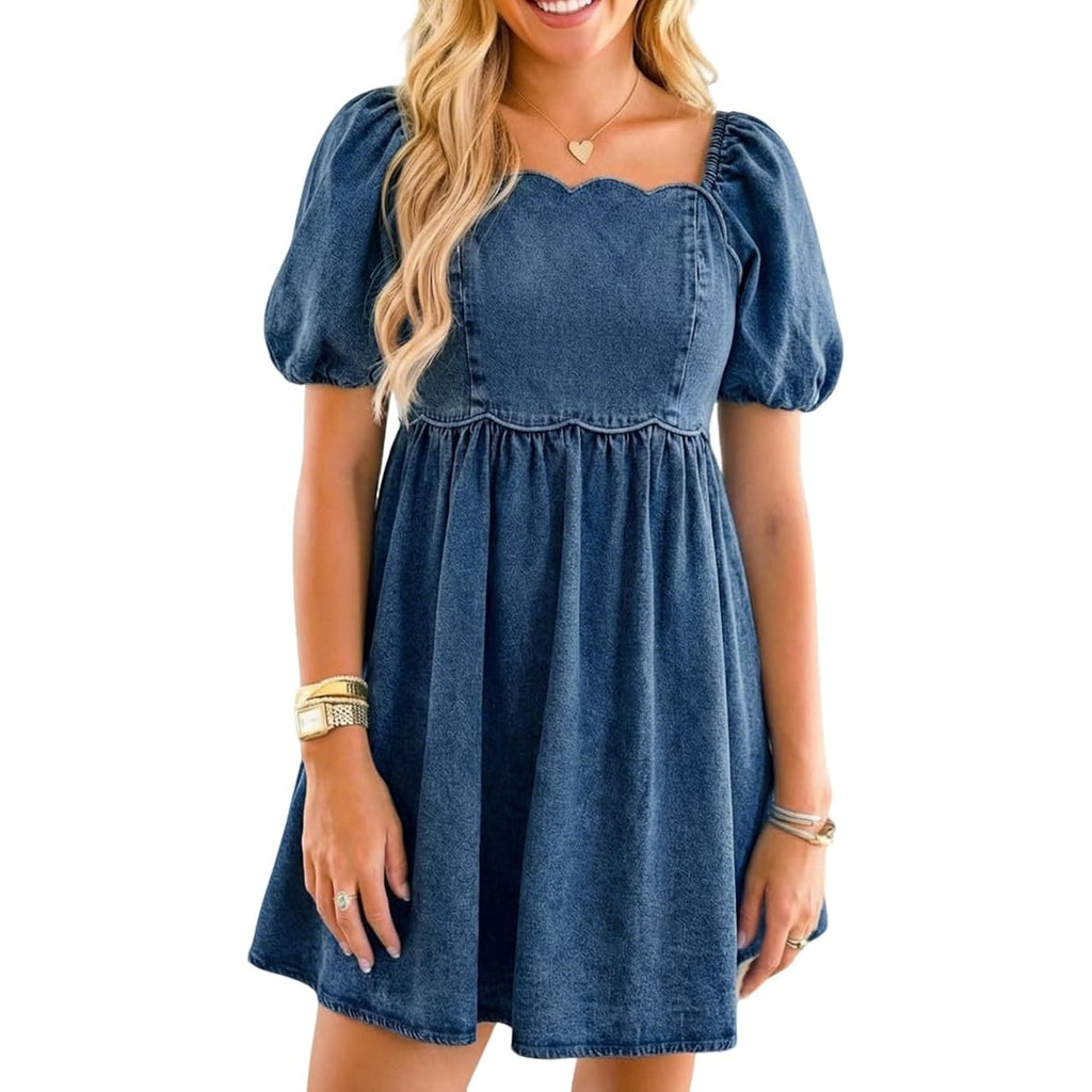 Denim Dress Babydoll Jean Square Neck Puff Sleeve Casual Country Concert Dresses With Pockets For Women 2026