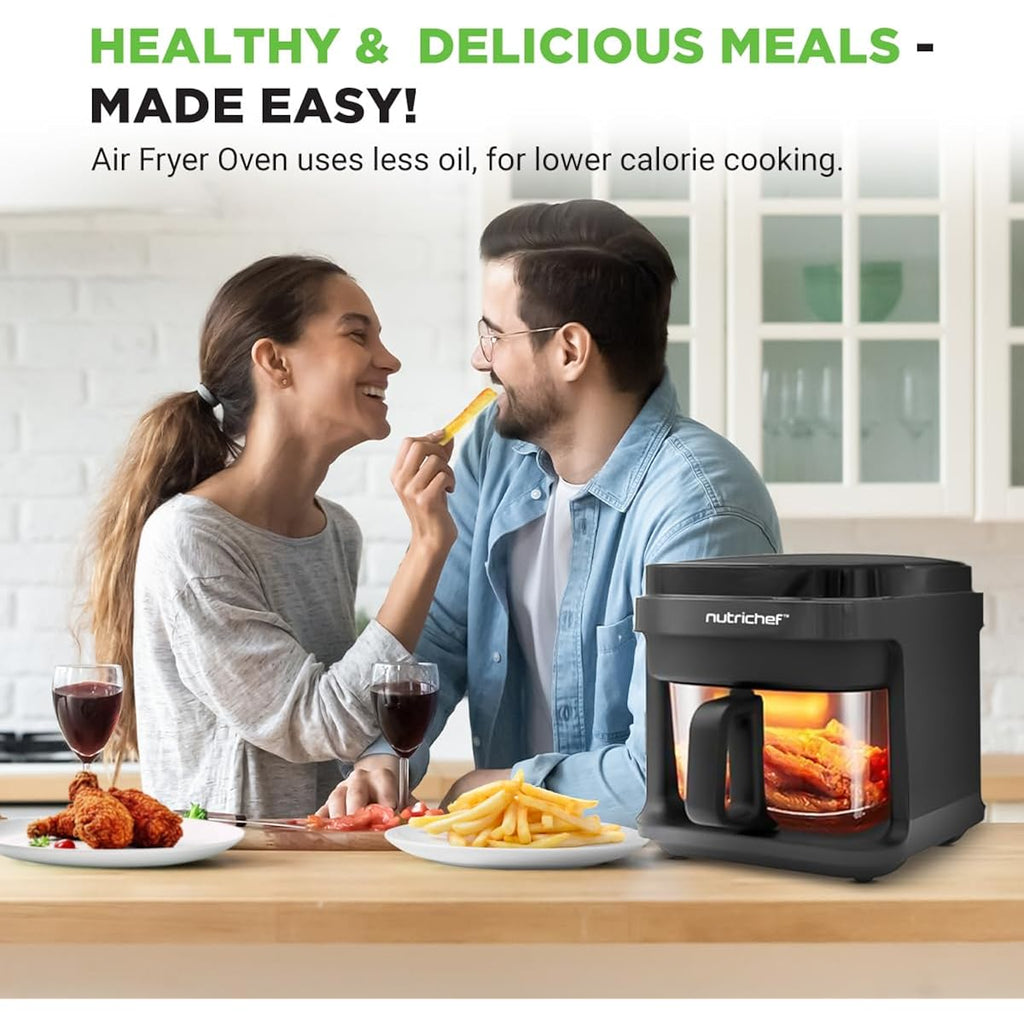 Nutrichef 5.8 Quart Air Fryer | 8-1 Preset Cook Modes | Transparent Fry Bowl for Best Cooking Results | Cook Shrimp, Steak, Fries, Wings, Chicken & More | Precise Temperature Control & Time | Grey