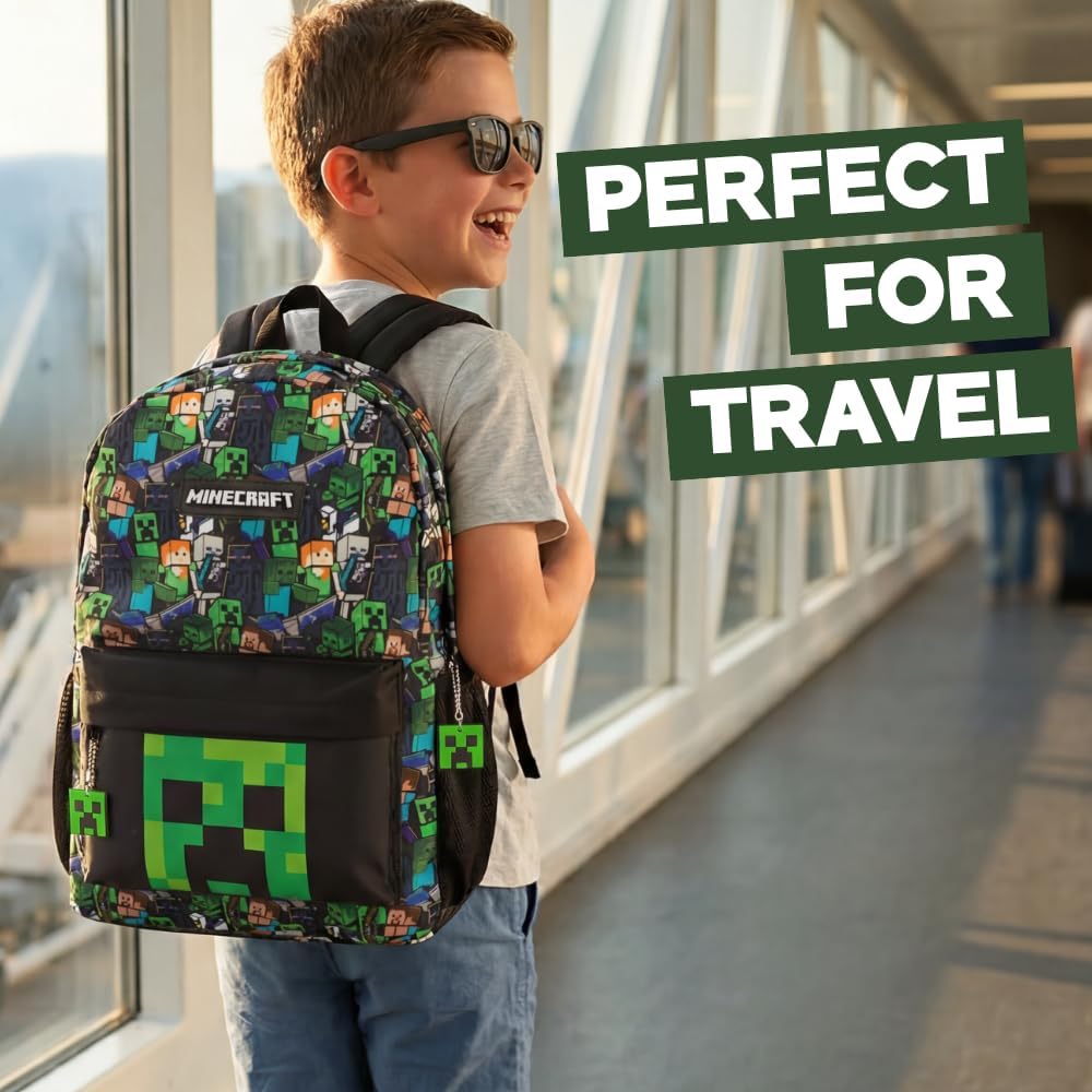 Minecraft Steve & Creeper Multicolour Backpack | Graphic Print Zip-Up Bag For Back To School | Kids Carrying Books | Unisex Kids Merch