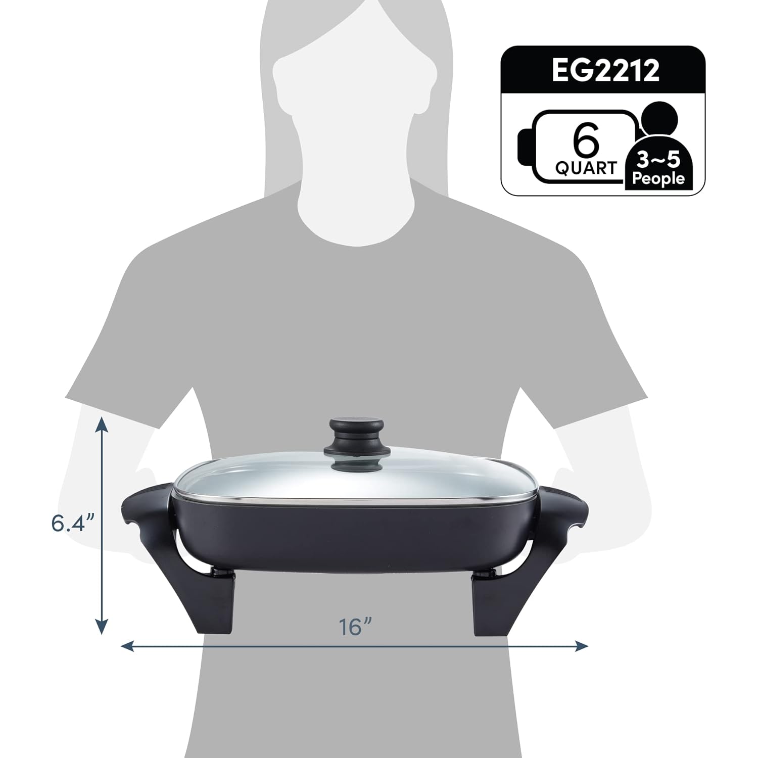 Elite Gourmet 12"x12"x2.15” Ceralast™ PFAS Free Ceramic Electric Skillet, Dishwasher Safe, Rapid Heat Up, 1200W, Dark Grey