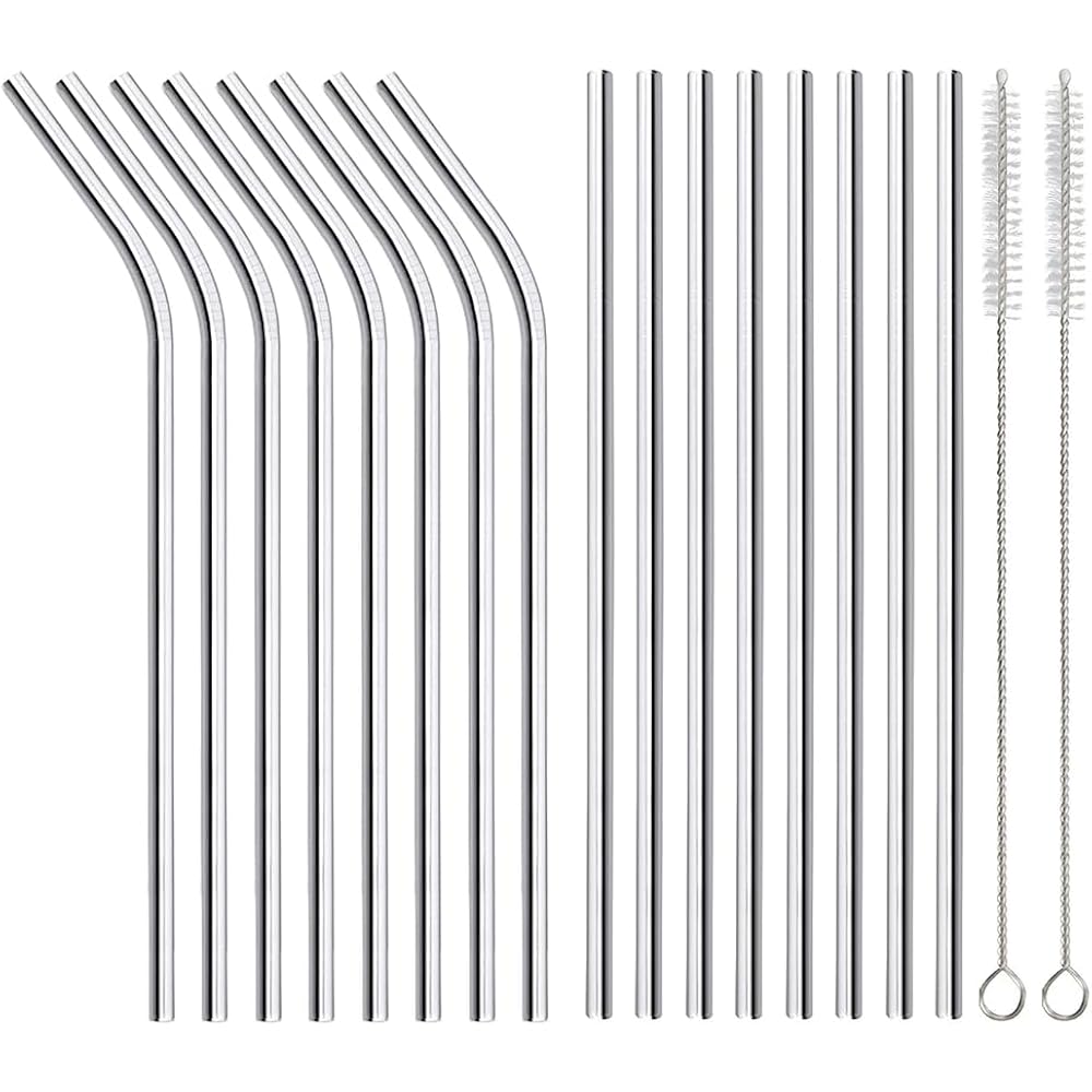 Annvchi 16 Pack Of Reusable Stainless Steel Metal Straws, 8 Straight + 8 Bent 8.5 Inch Metal Straws With 2 Cleaning Brushes, Straw Compatible With 20Oz Stanley Cup
