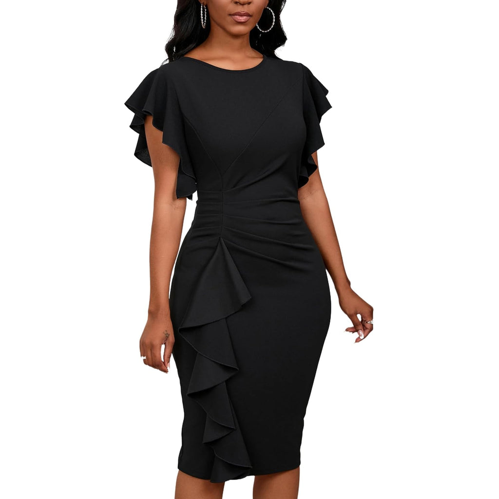 Womens Short Ruffle Sleeve Church Dress 50S Vintage Crew Neck Bodycon Work Pencil Midi Dress