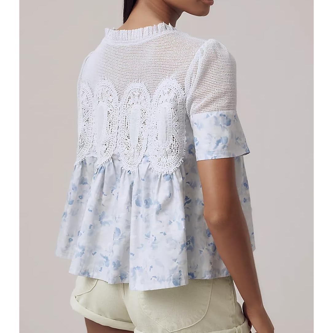Vaoyiu Women Lace-Detail Flared Blouse Short-Sleeve Crew Neck Lace Poplin Mesh Swing Top Elegant Loose Intricate Back Design