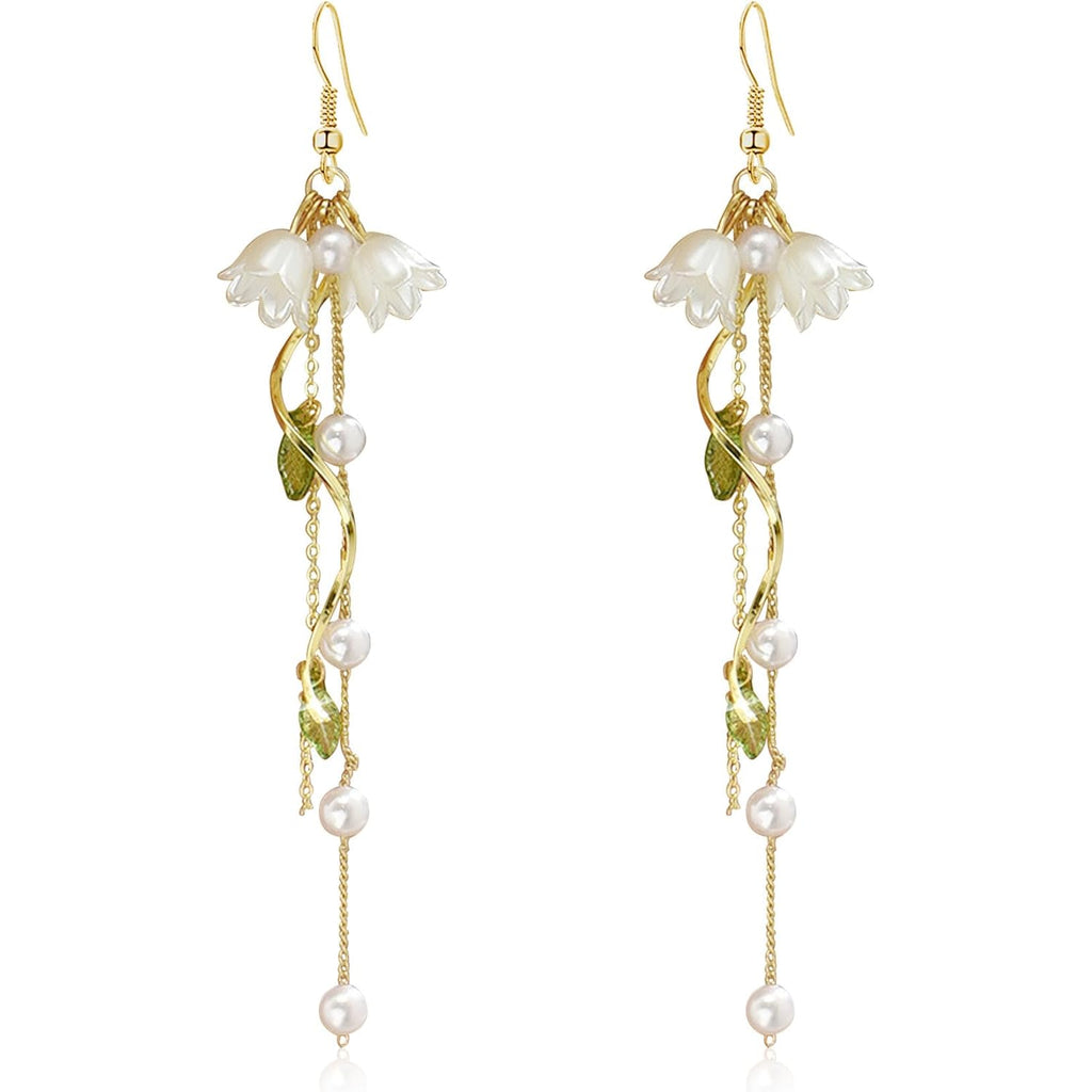 Dangle Flower Leaf Earring White Fairy Flower Summer Dangling Long Tassel Earrings Lily Of The Valley Earrings Jewelry