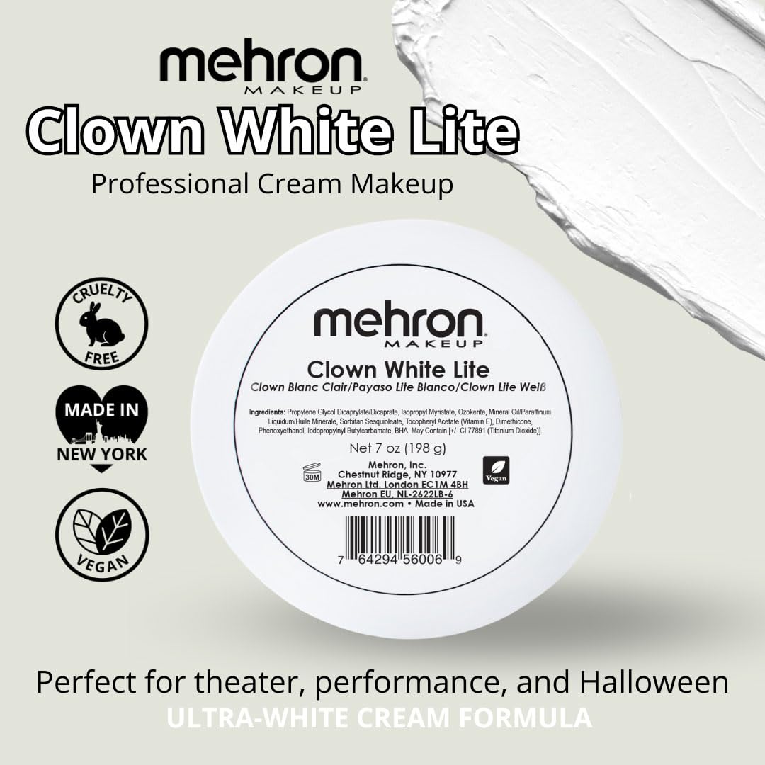 Mehron Makeup Clown White Lite | Professional Face Paint & Body Paint | White Cream Clown Makeup, Stage, Film, Cosplay, Mime, & Halloween 7 oz (198 g)