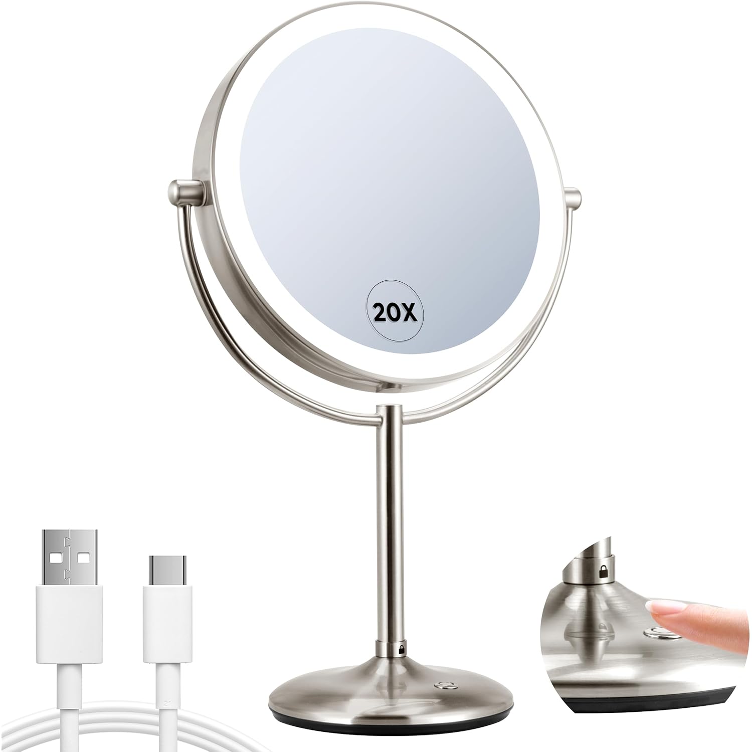 9" Lighted Makeup Mirror, 1X/20X Rechargeable Magnifying Mirror With 3 Color Dimmable Lights For Bedroom Tabletop, Base Charging And Switch, Women Gift