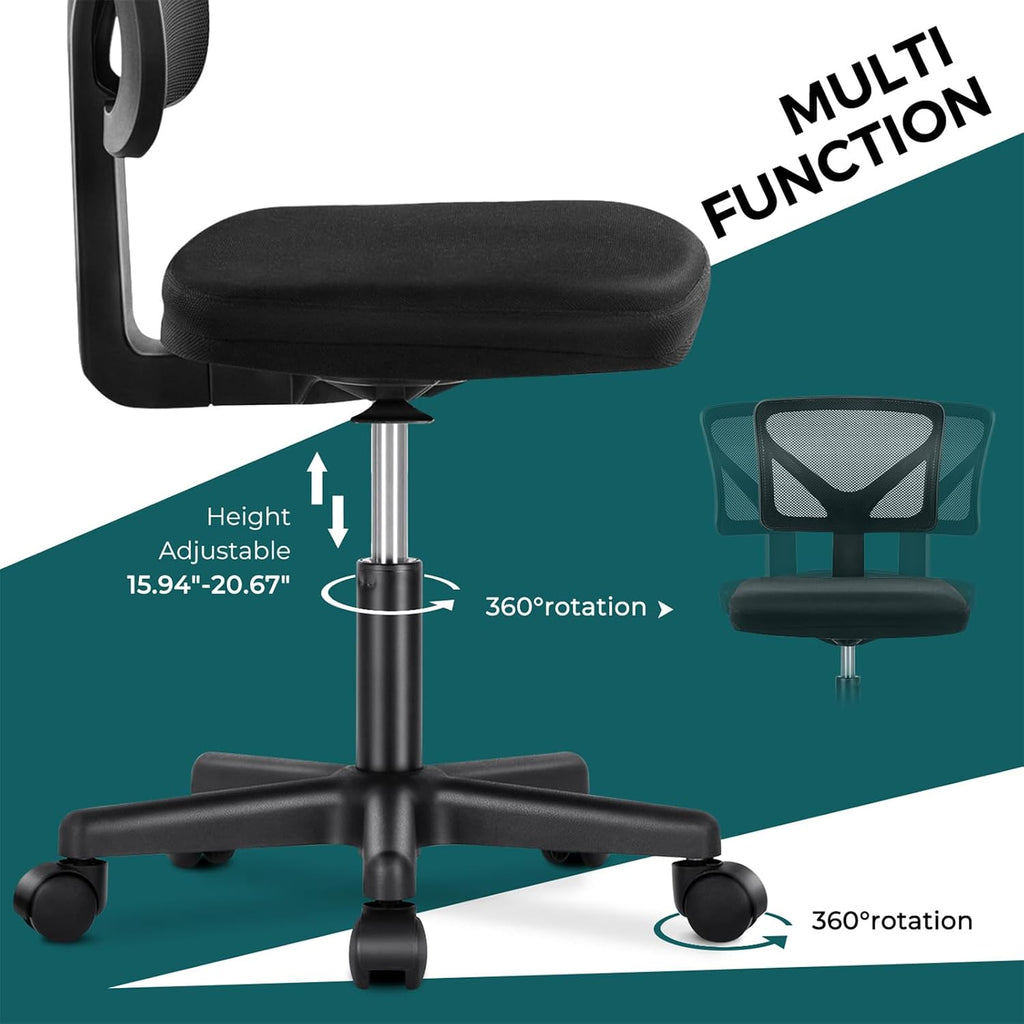 Dumos Small Office Chair Armless, Ergonomic Adjustable Home Office Swivel Rolling Task Chair No Arms, Comfy Mesh Mid Back Computer Work Vanity Desk Chiars With Wheels For Small Spaces, Inky