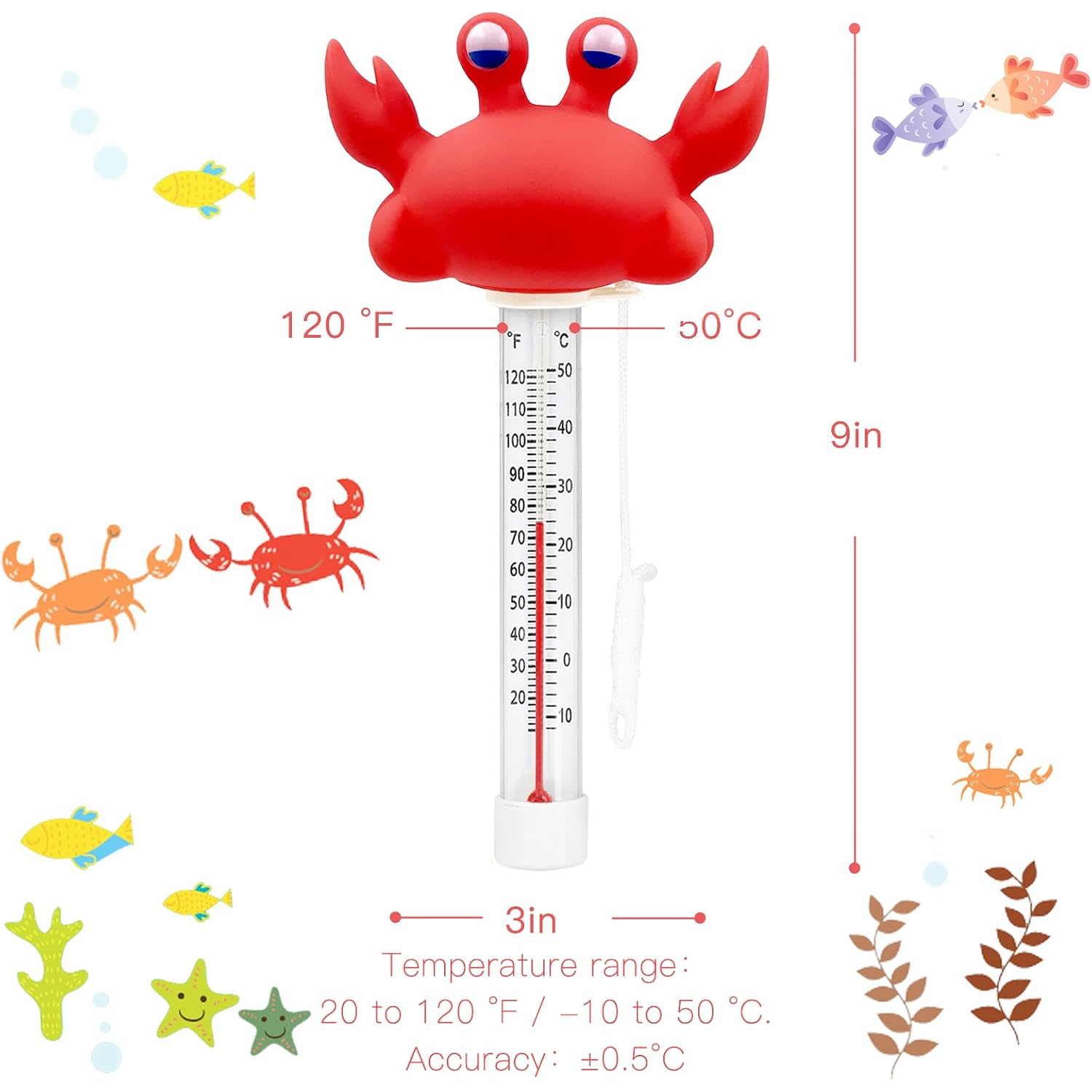 Xy-Wq Floating Pool Thermometer, Large Size Easy Read For Water Temperature With String - Swimming Pools, Spas, Hot Tubs, Ponds (Crab)