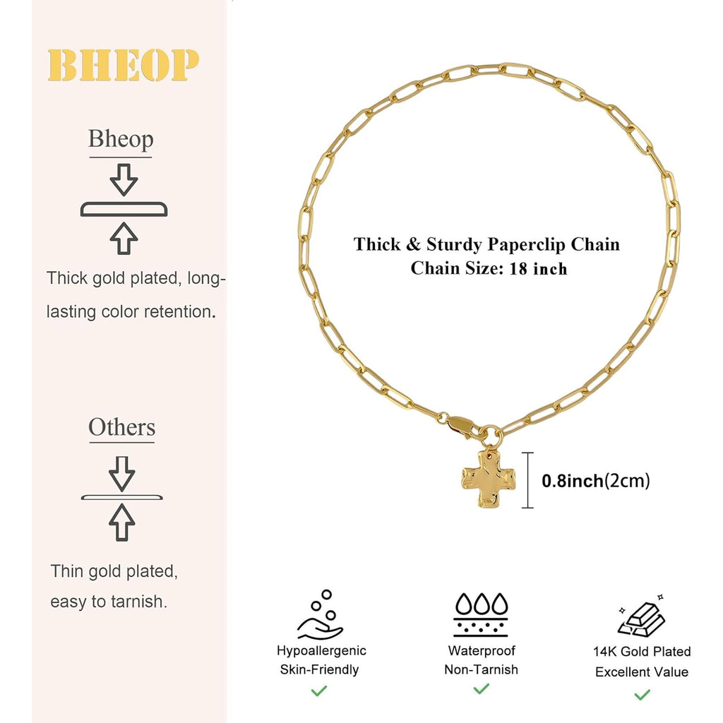 Bheop Chunky Cross Necklace for Women Trendy 14K Gold Silver Layered Statement Cross Pendant Charm Necklace Waterproof Paperclip Herringbone Snake Choker Chain Christian Jewelry Set Gift Non Tarnish