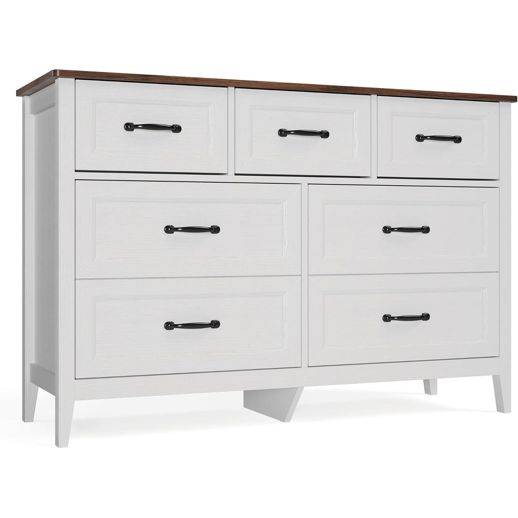 Gizoon Farmhouse 7 Drawers Dresser, White Chest Of Drawers With Metal Handles, 47" Wide Wooden Storage Organizer For Bedroom, Hallway, Living Room, Tabletop-Retro