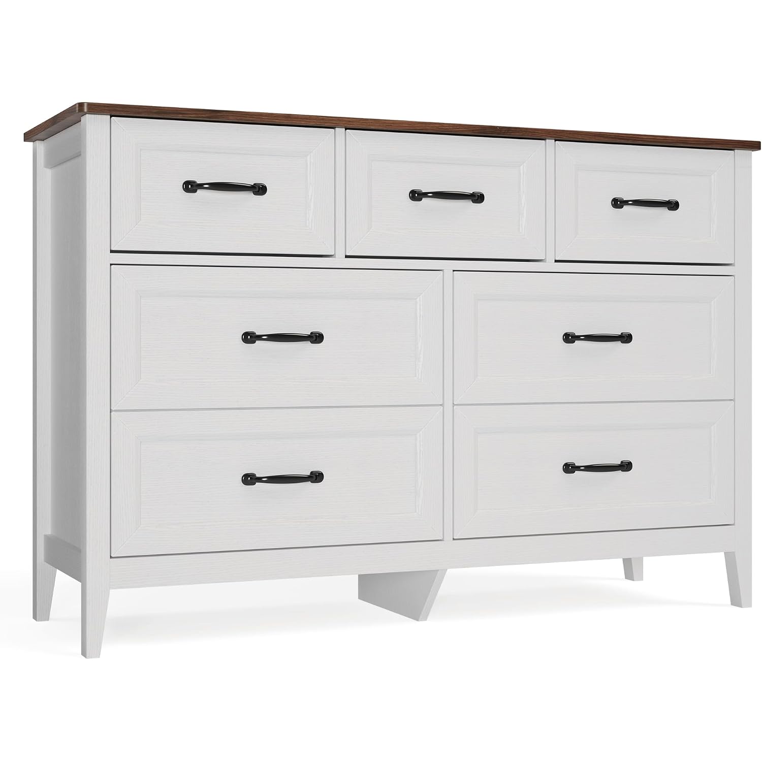 Gizoon Farmhouse 7 Drawers Dresser, White Chest Of Drawers With Metal Handles, 47" Wide Wooden Storage Organizer For Bedroom, Hallway, Living Room, Tabletop-Retro