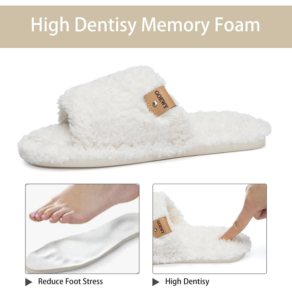 Fuzzy Open Toe Slippers For Women Indoor Cozy Memory Foam Slip On House Slides Shoes Gifts For Womens Her Mom