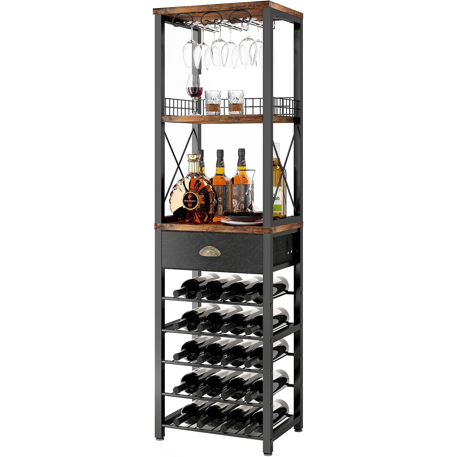 Homeiju Wine Rack Freestanding Floor, Bar Cabinet For Liquor And Glasses, 4-Tier Bar Cabinet With Tabletop, Glass Holder, Storage Drawer And Wine Storage For Living Room (Patent No.D29872845)