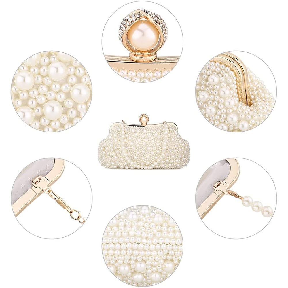 UBORSE Women Pearl Clutch Bag Noble Crystal Beaded Evening Bag Wedding Clutch with Pearl Chain