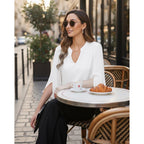 Womens Tops Dressy Casual Ruffle 3/4 Sleeve V Neck Double Layers Chiffon Blouses Tops