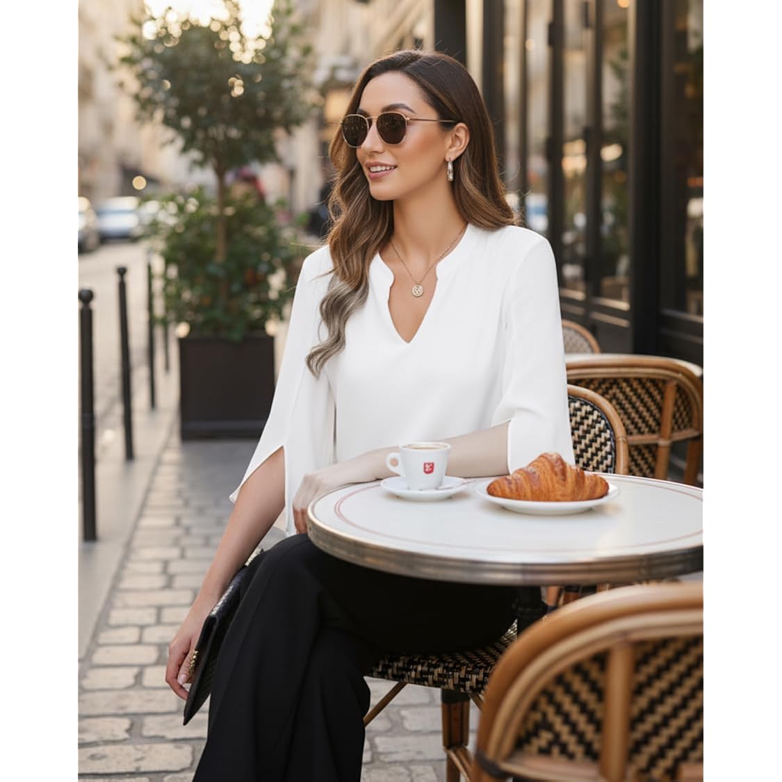 Womens Tops Dressy Casual Ruffle 3/4 Sleeve V Neck Double Layers Chiffon Blouses Tops