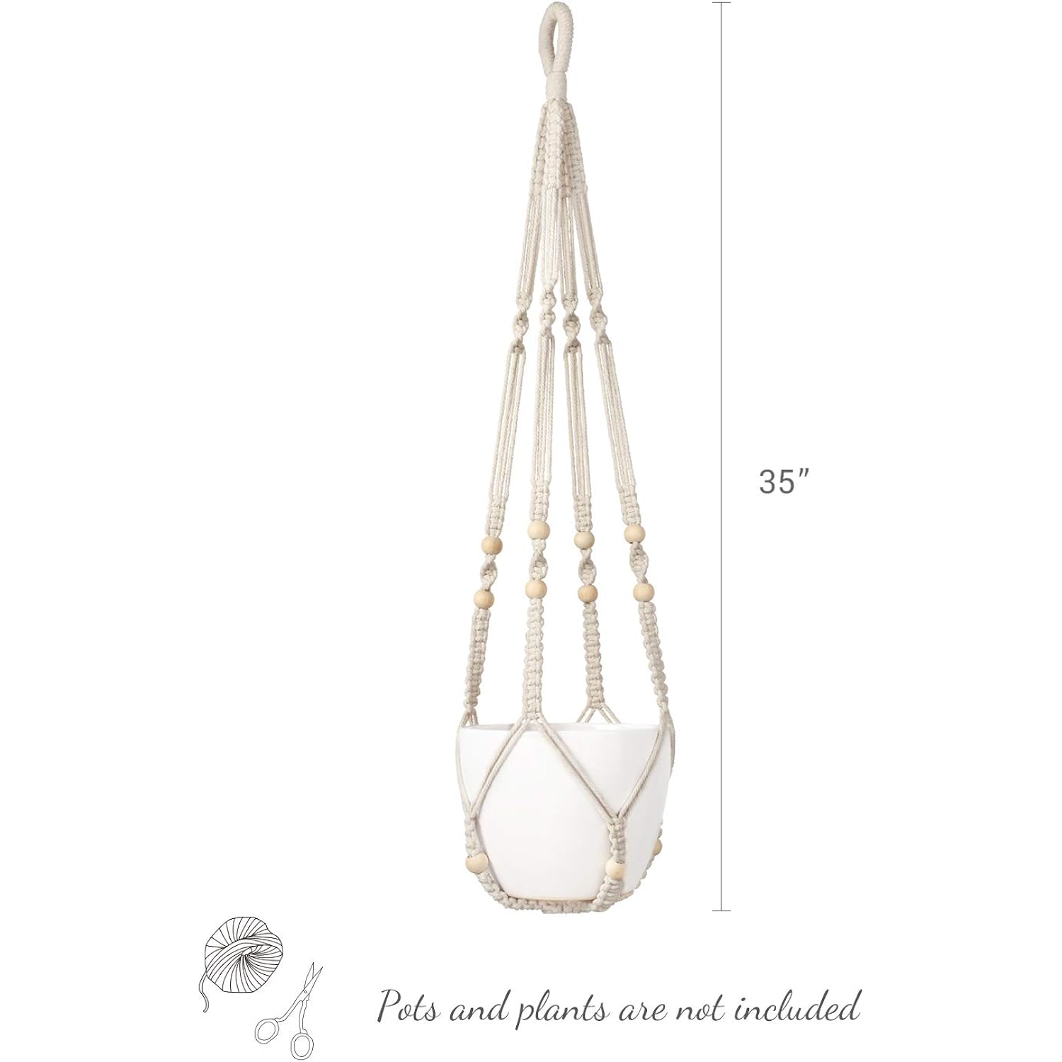 Mkono Macrame Plant Hanger Indoor Hanging Planter Basket With Wood Beads Decorative Flower Pot Holder No Tassels For Indoor Outdoor Boho Home Decor 35 Inch, Ivory, Set Of 1 (Pots Not Included)