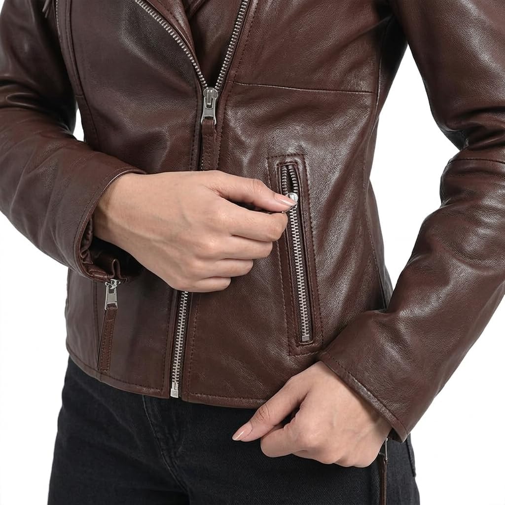 Strega Women'S Lambskin Leather Motorcycle Jacket - Real Leather Biker Jacket Women With Leather Pullers For Timeless Style