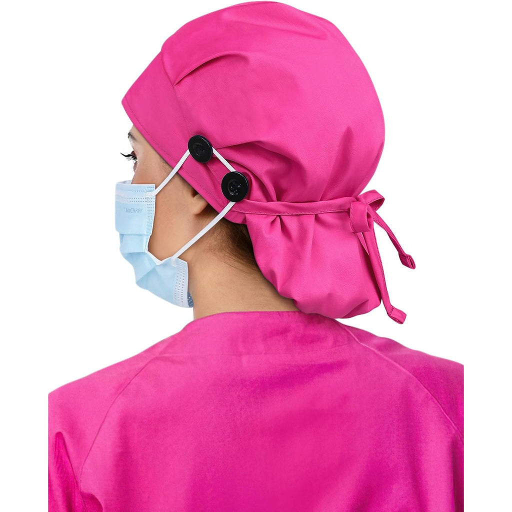 Satin Lined Scrub Cap For Women Ponytail Hair Surgical Nurse Cap 4 Buttons