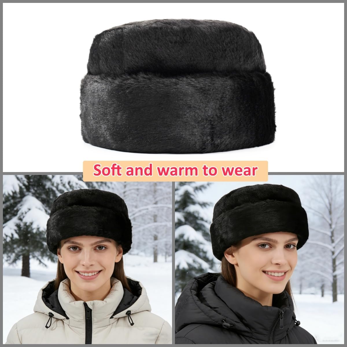 SIQITECHNO Mens Winter Trapper Hat Faux Mink Fur Russian Ushanka Cossack Style Trooper Hat Warm Dad Cap Outdoor Hunting Snow Skiing Cap Black