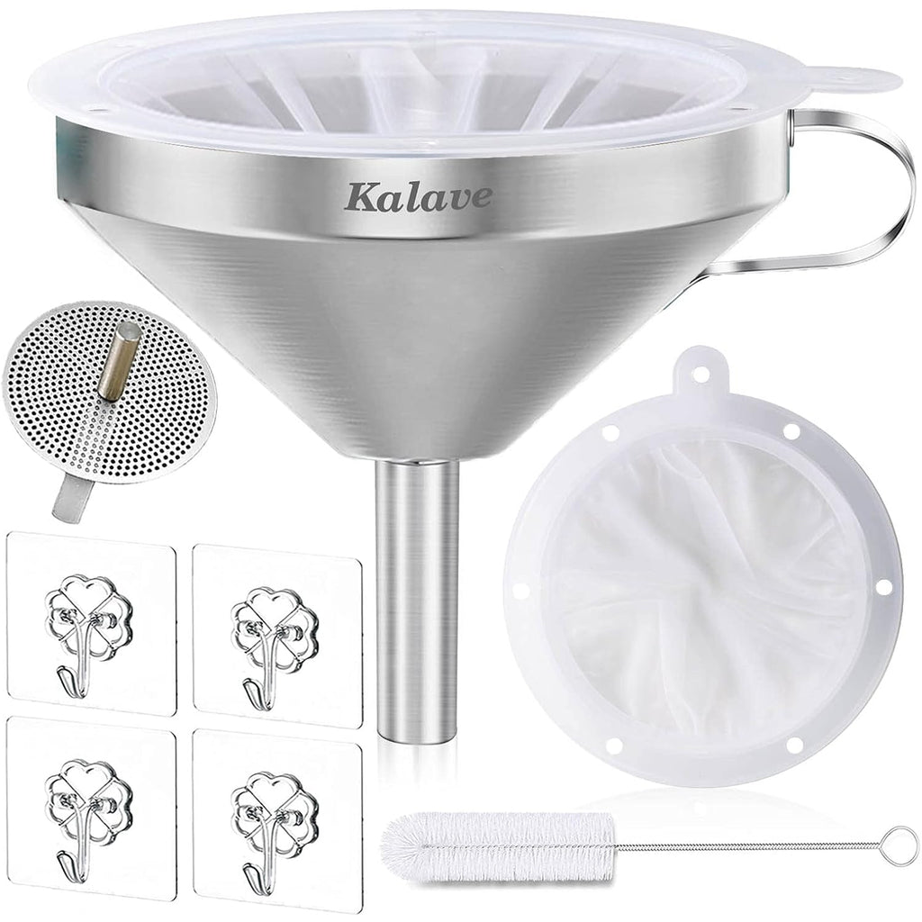 Kalave Premium Stainless Steel Funnel, 5 Inch Food Grade Kitchen Funnels With 200 Mesh Food Filter Strainer For Filling Bottles, Oils, Juice, Wine, Coffee, Milk