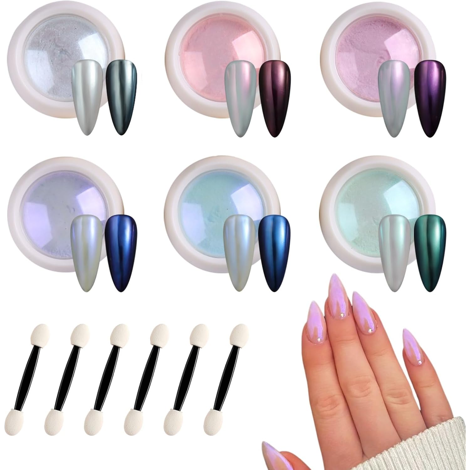 SUTOKAKA Pearl Chrome Nail Powder 6 Colors Metallic Mirror Effect Mermaid Chrome Powder Iridescent Aurora Nail Pigment Glitter Rubbing Dust for Nail Art Decoration Gel Polish