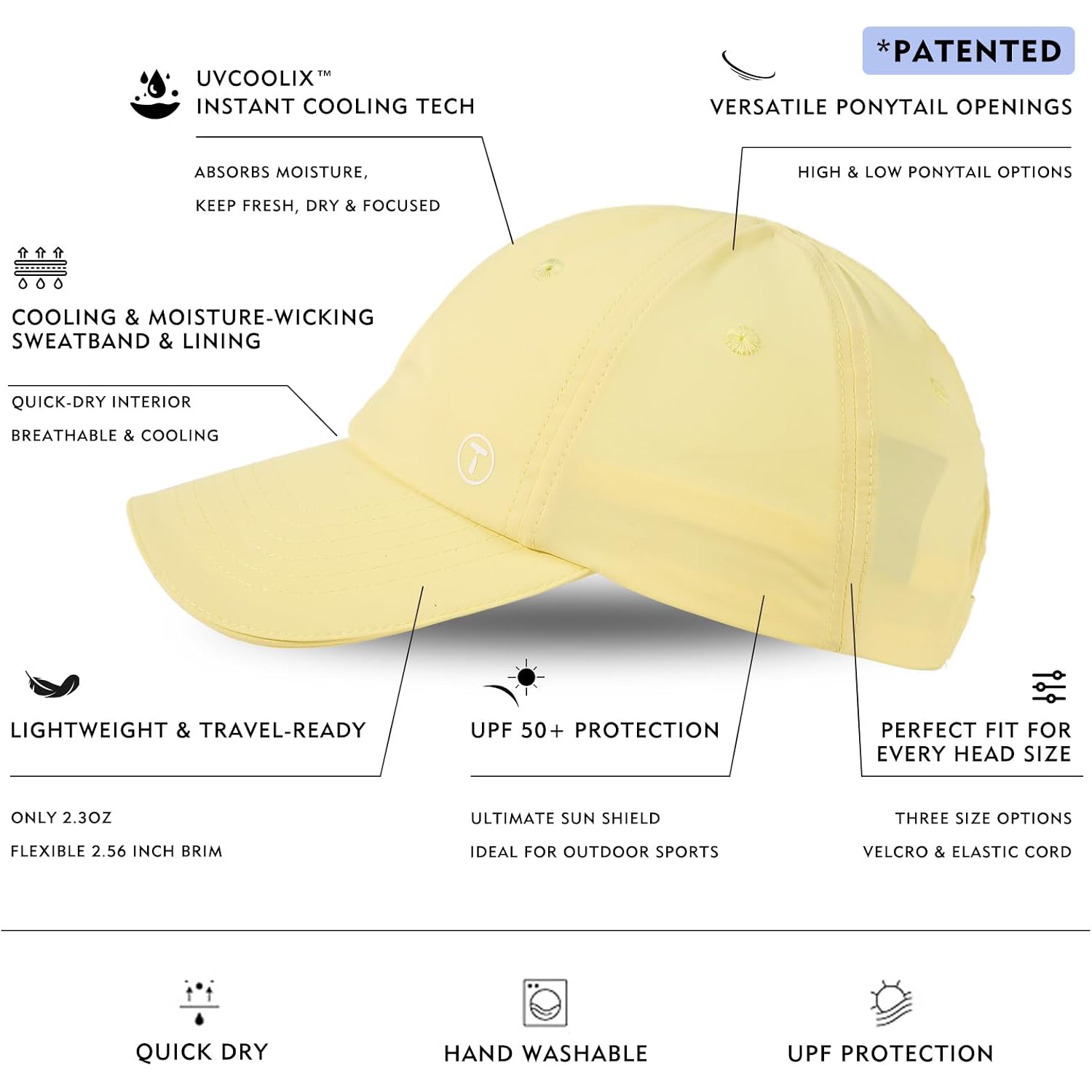 TOP-EX ChicPony™ Women's High Ponytail Baseball Cap, UPF 50+ Cooling Breathable Hat for Running Golf & Big Heads Sun Faded Yellow