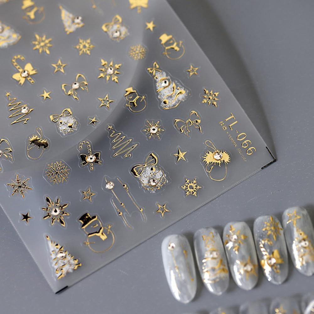 Christmas Nail Art Stickers - 3D Xmas Nail Sticker with Charms Rhinestone for Winter Holiday, Gold Christmas Nail Stickers for Nail Art Self-Adhesive Nail Decals DIY Nail Decoration