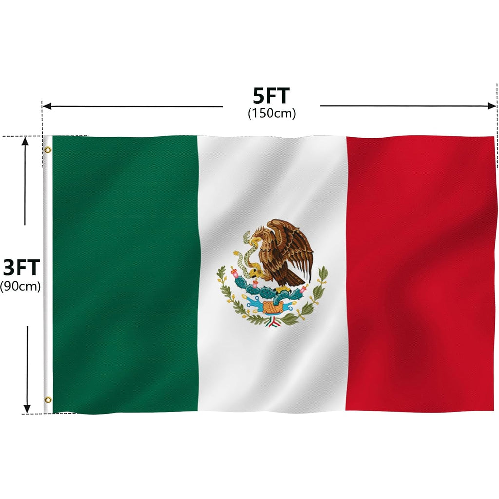 Anley Fly Breeze 3X5 Foot Mexico Flag - Vivid Color And Fade Proof - Canvas Header And Double Stitched - Mexican Mx National Flags Polyester With Brass Grommets 3 X 5 Ft