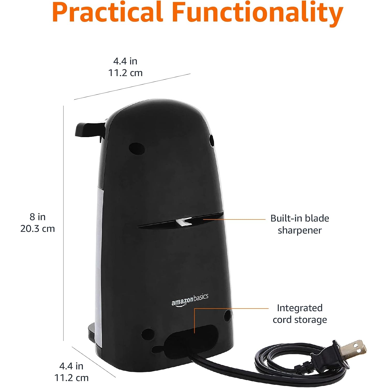Amazon Basics 3-In-1 Electric Can Opener, Bottle Opener And Knife Sharpener With Stainless Steel Blade, Magnetic Lid Holder, Safe, Easy To Use, Powerful, Sleek Design, 50W, Black