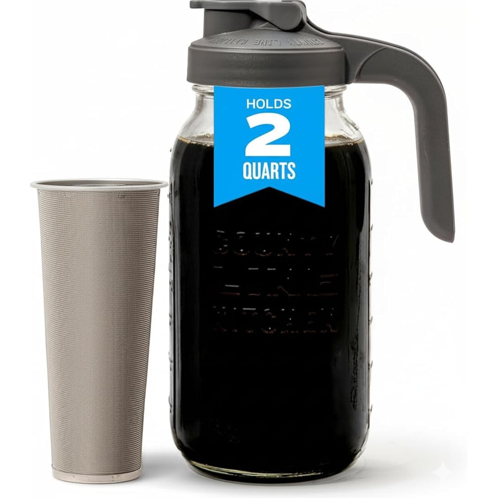 County Line Kitchen 64 oz Glass Cold Brew Coffee Maker with Leak-Proof Lid, Wide Mouth Mason Jar - Iced Coffee and Tea Pitcher - Gray