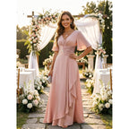 Mother Of The Bride Dresses For Women 2026 Long Chiffon V Neck A Line Lace Appliques Short Sleeves Formal Evening Gown