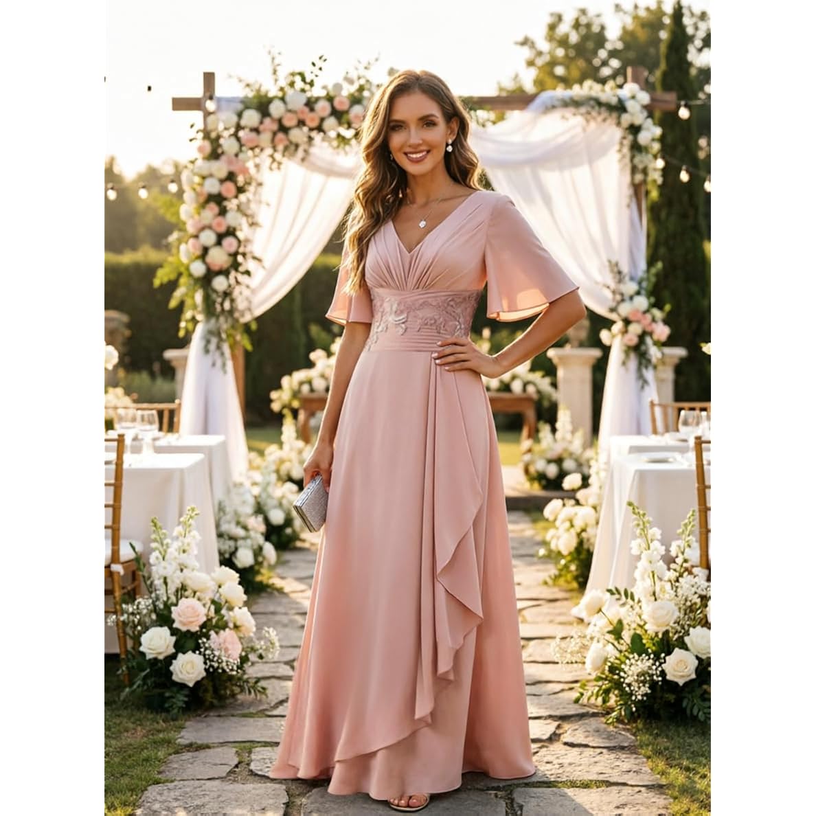 Mother Of The Bride Dresses For Women 2026 Long Chiffon V Neck A Line Lace Appliques Short Sleeves Formal Evening Gown