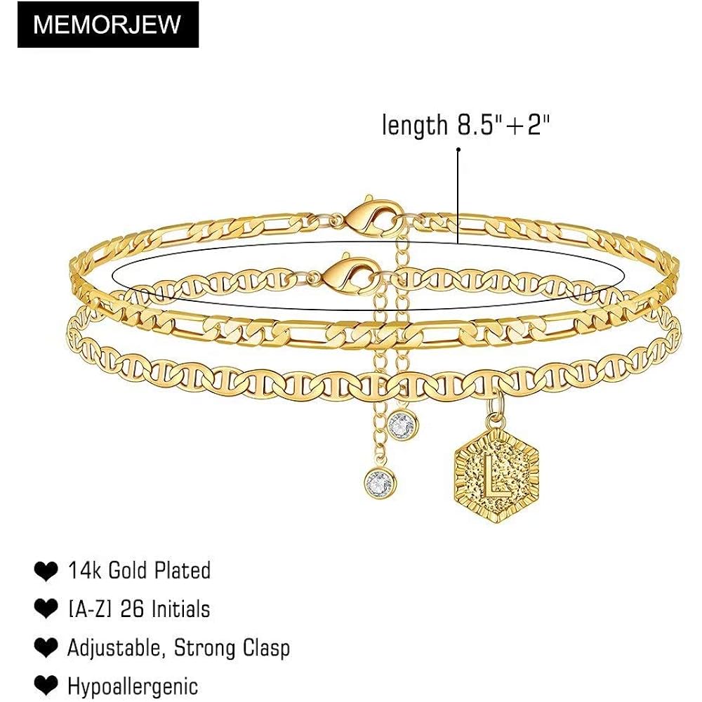Memorjew Initial Ankle Bracelets for Women, 14K-Gold-Plated Double Layered Initial Anklets Jewelry for Women