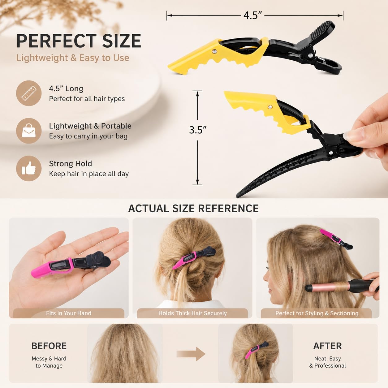 Hh&Ll Hair Clips For Women Wide Teeth & Double-Hinged Design Alligator Styling Sectioning Clips Of Professional Hair Salon Quality - 10 Pack