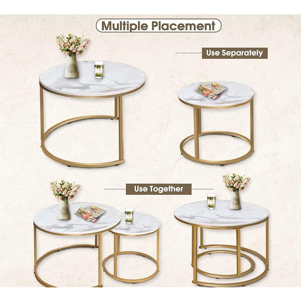 Aboxoo Coffee Table Nesting White Set Of 2 Side Set Golden Frame Circular Round And Marble Pattern Wooden Tables, Living Room Bedroom Apartment Modern Industrial Simple Nightstand