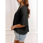 Cicy Bell Womens Oversized Crop T-Shirts Summer V Neck Short Sleeve Tops Casual Loose Fit Curved Hem Boxy Tee Shirt