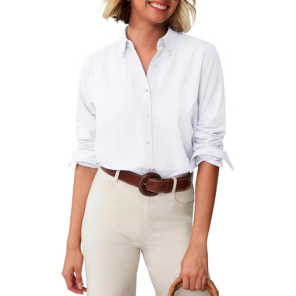 Button Down Shirts for Women Oxford Long Sleeve Dress Shirts Cotton Collared Wrinkle Free Blouse Tops