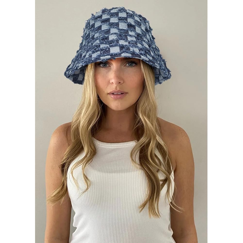 Women'S Vintage Denim Washed Cotton Bucket Hat Cowboy Checkerboard Fishermen Hat Outdoor Sun Cap