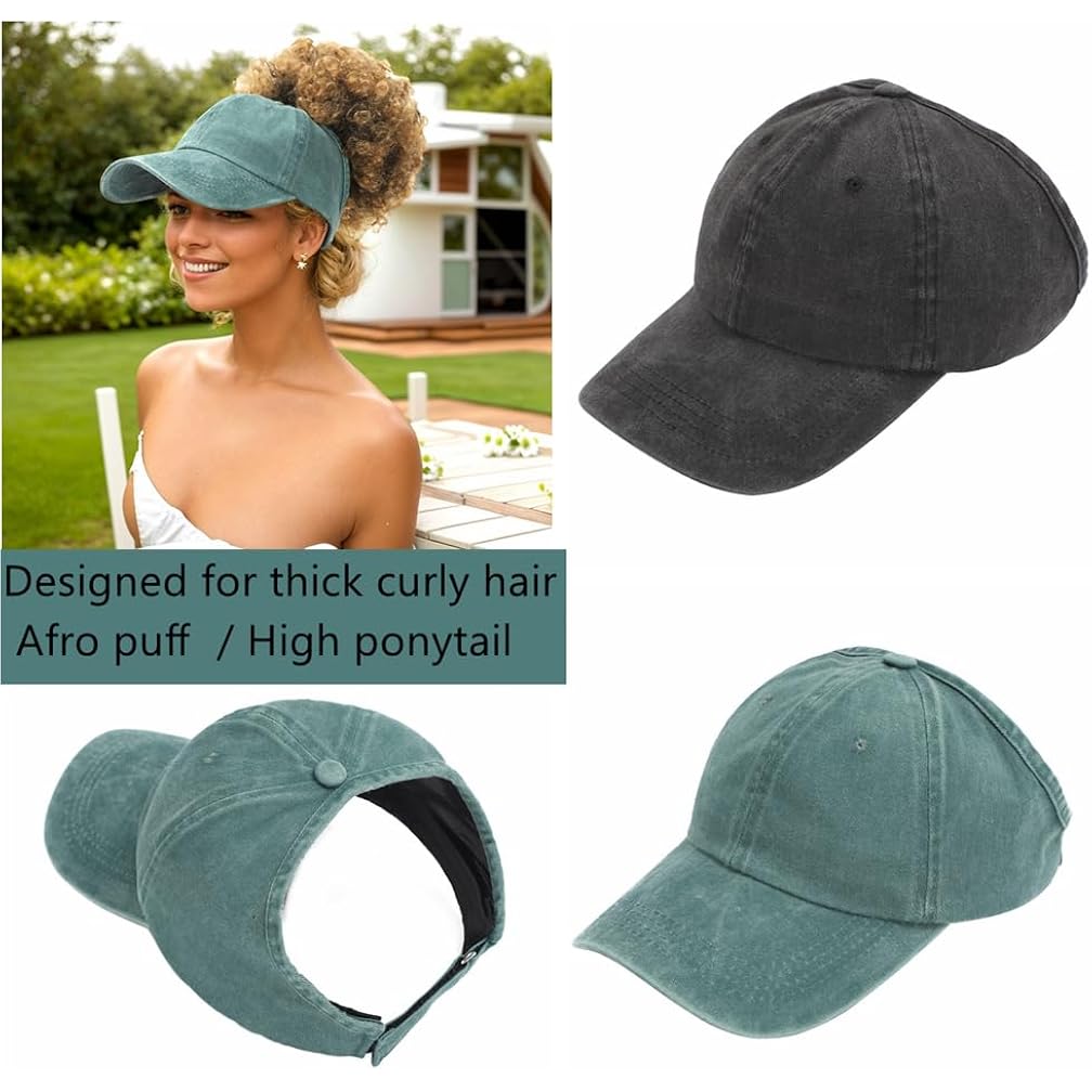 2 Pack Backless Cap For Women Natural Curly Hair Hat Baseball Cap Afro Puff Ponytail Hat
