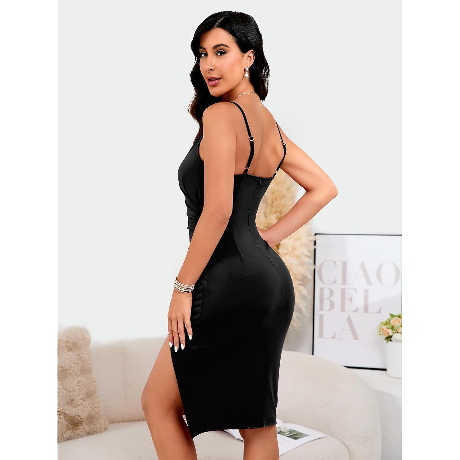Women'S Sexy V Neck Spaghetti Strap Sleeveless Wrap Ruched Side Slit Bodycon Cocktail Party Wedding Guest Dress