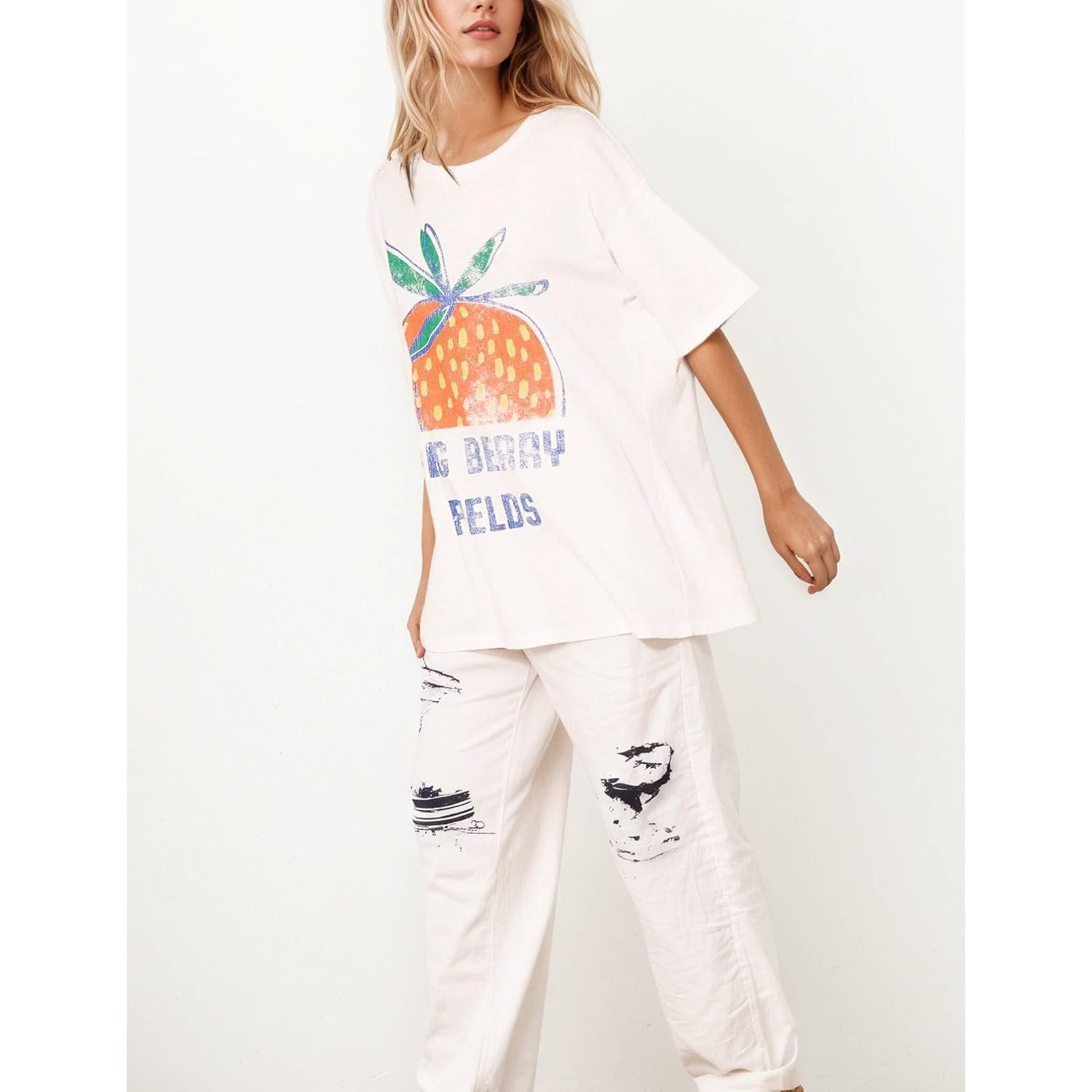 Women's 100% Cotton Graphic Oversized Vintage Floral T Shirt Flattering Breathable Graphic Tees for Summer Vacation White