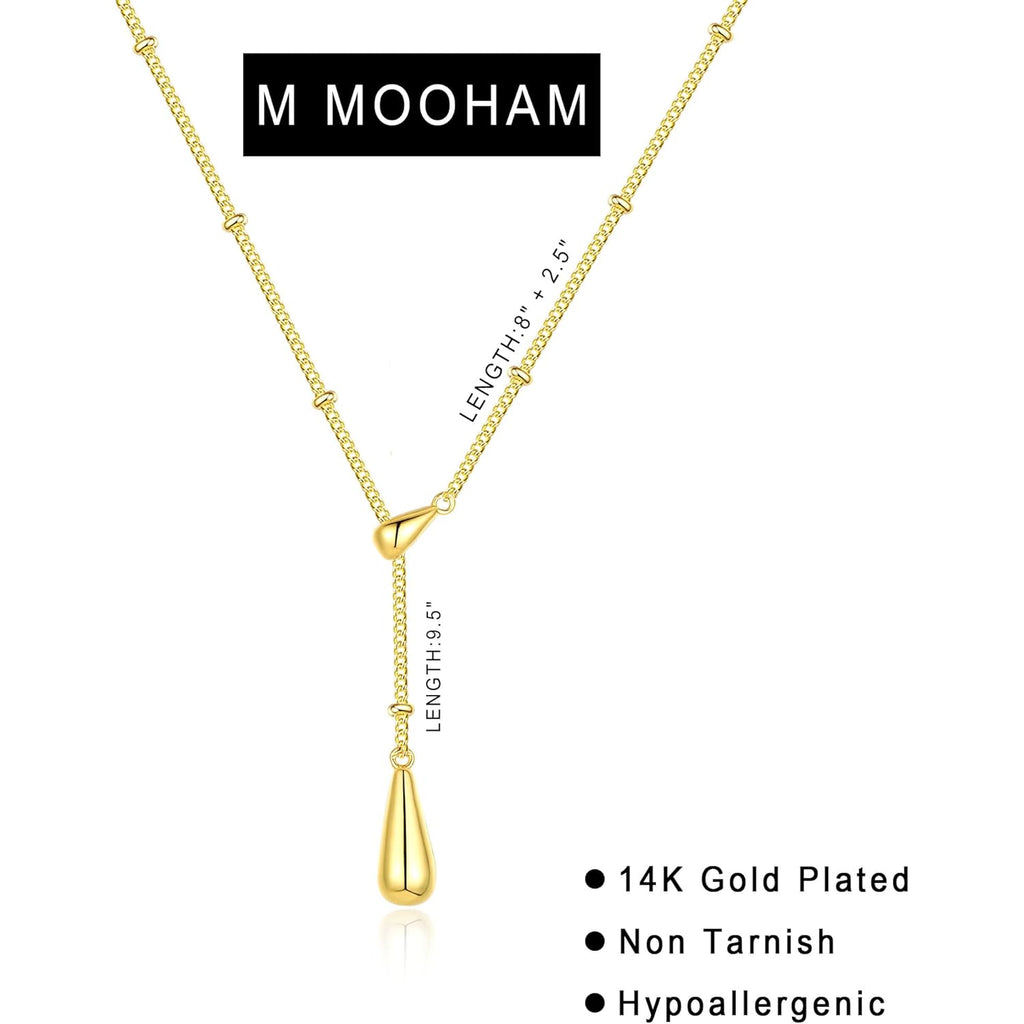 M MOOHAM Mothers Day Gifts - Dainty 14K Gold Plated Beaded Chain Small Pendant Necklaces Simple Pearl Circle Beads Italian Horn Teardrop Pendant Y-Shaped Necklace for Women Trendy Jewelry Gifts