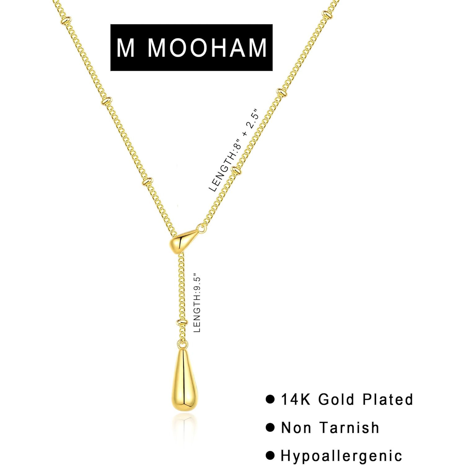 M MOOHAM Mothers Day Gifts - Dainty 14K Gold Plated Beaded Chain Small Pendant Necklaces Simple Pearl Circle Beads Italian Horn Teardrop Pendant Y-Shaped Necklace for Women Trendy Jewelry Gifts
