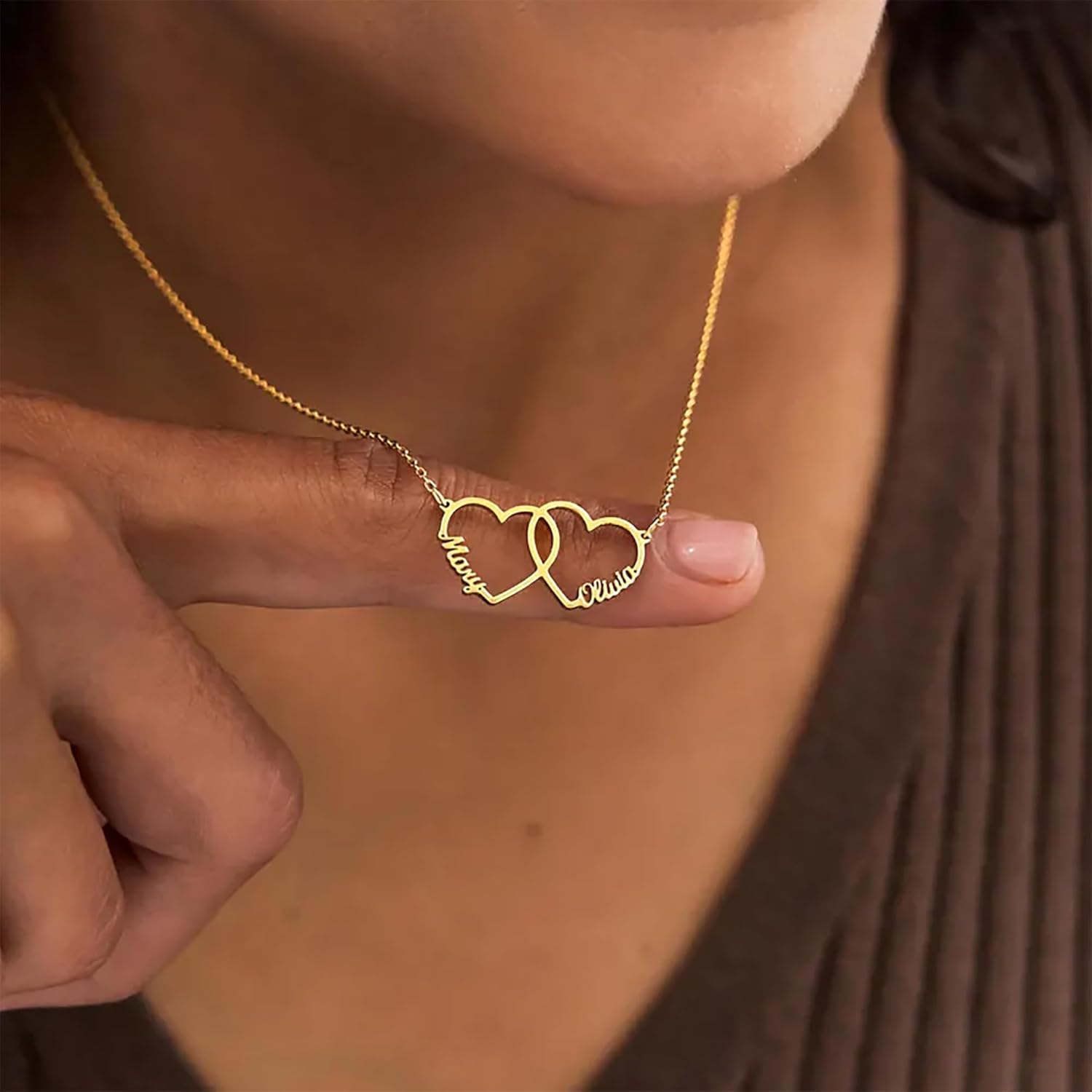 Ajiangwu Mothers Day Necklace with Names,18K Gold Plated Handmade Mom Necklace with Heart Custom Name Necklace Personalized Gifts for Women