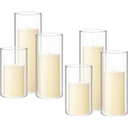 Shihanee Set of 6 Pillar Candles with Glass Cylinder Vases Clear Cylinder Hurricane Candleholders for Slim Tall Pillar Candles Wedding Table Centerpieces(2.6'' X 4.7'', 5.9'', 7.9'',Ivory)