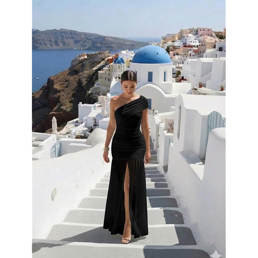 Lagshian Women'S Elegant Formal Long Dress One Shoulder Sleeveless Ruched Bodycon Evening Dress